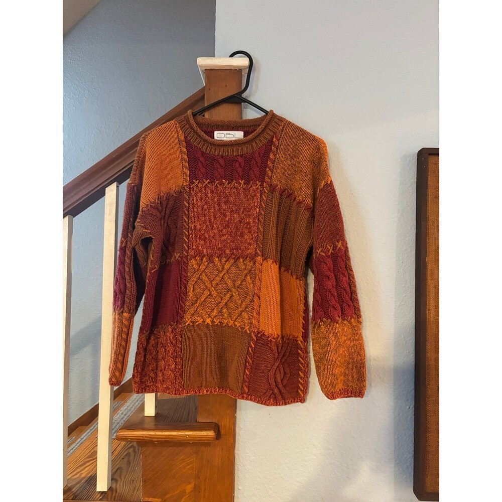 DBL rolled neck boxy thick knit fall sweater L cable patchwork orange vtg 90s